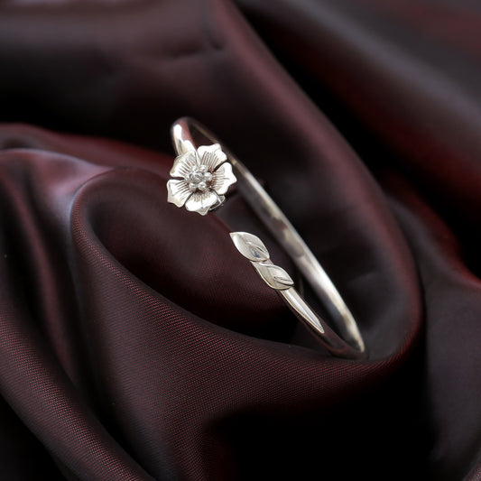"Bloom" Textured Floral Open Cuff Bracelet - 925 Sterling Silver