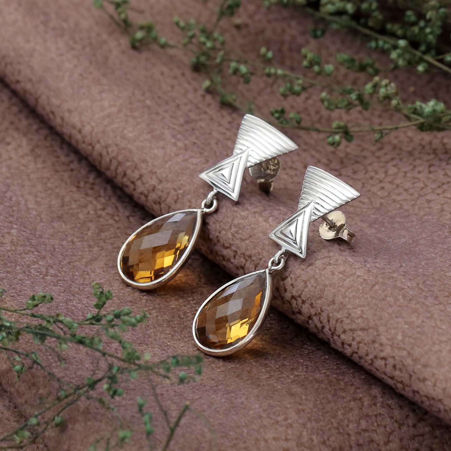 "Athena" Geometric Smoky Quartz Teardrop Earrings in 925 Sterling Silver