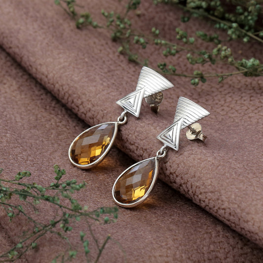 "Athena" Geometric Smoky Quartz Teardrop Earrings in 925 Sterling Silver