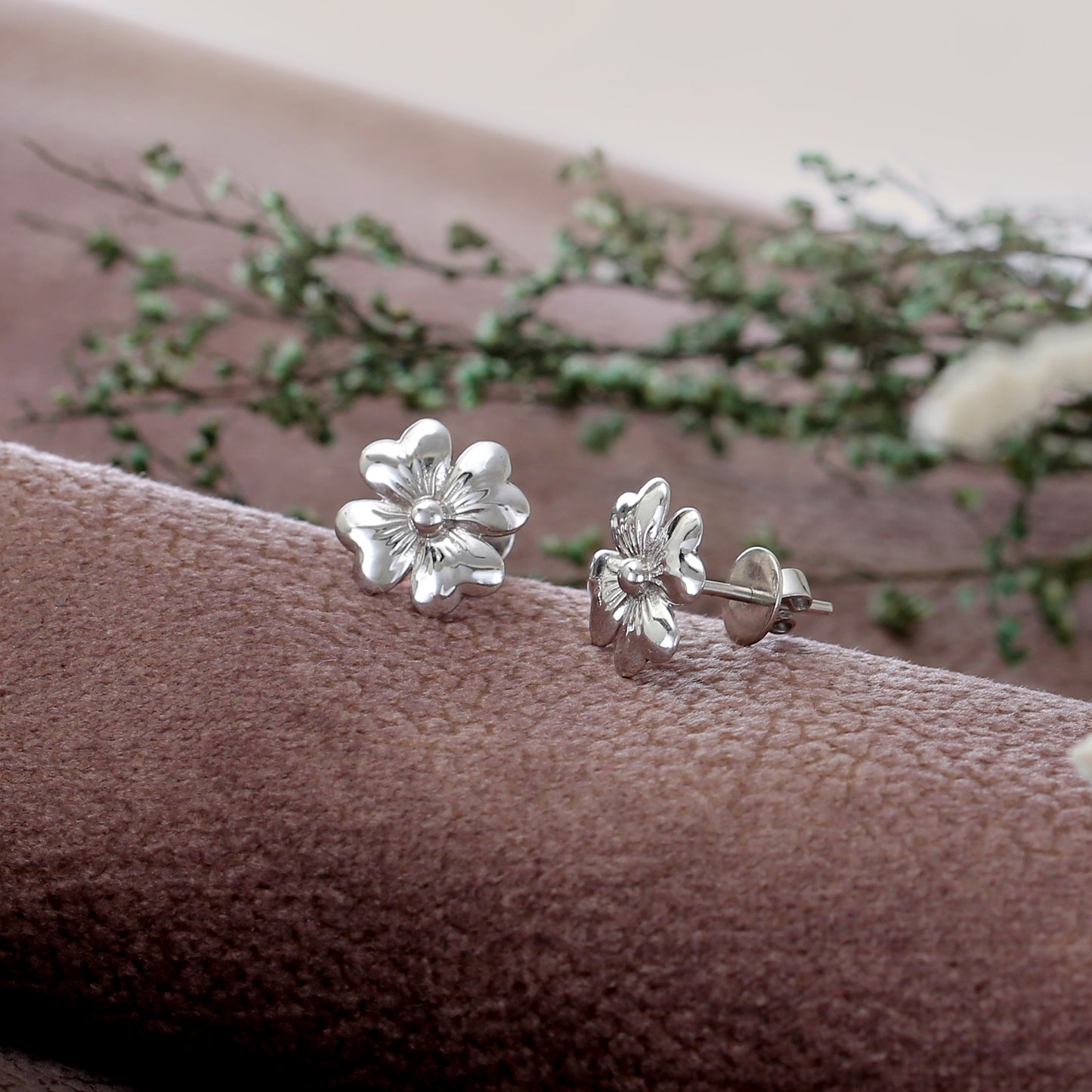 "Plumeria" Textured Silver Flower Stud Earrings - 925 Sterling Silver