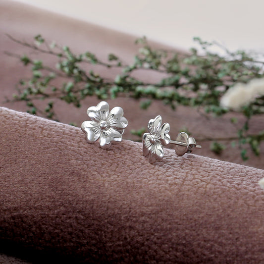 "Plumeria" Textured Silver Flower Stud Earrings - 925 Sterling Silver