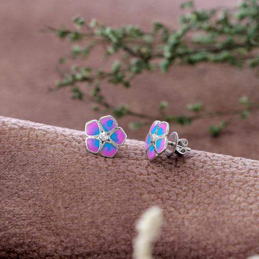 "Flora" Colorful Enamel Flower Stud Earrings with CZ Center - 925 Sterling Silver