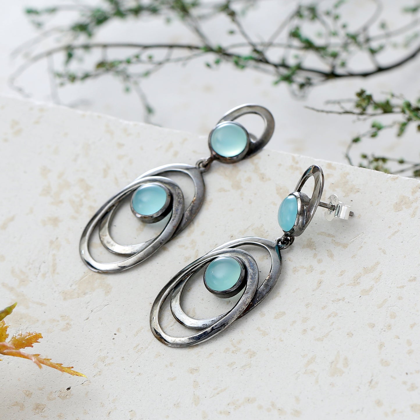 "Orbit" Modern Oxidized Silver Dangle Earrings with Aqua Chalcedony - 925 Sterling Silver