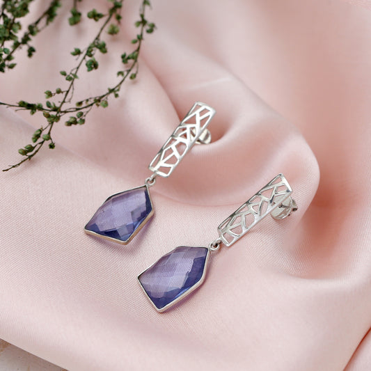 Handmade Purple Amethyst Geometric Drop Earrings with Cutout Silver Stud