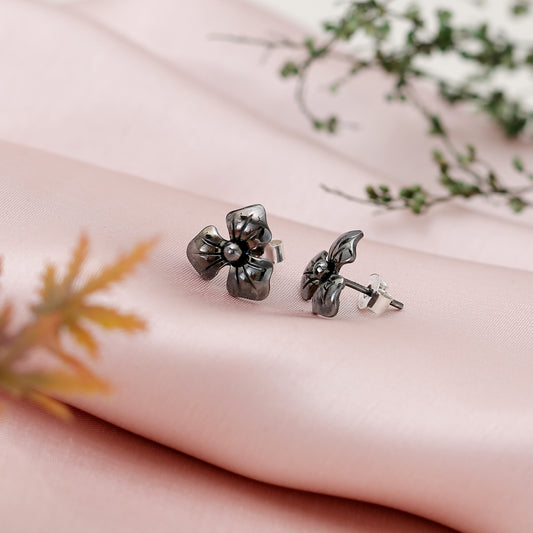 "Clover" Dainty Oxidized Silver Flower Stud Earrings - 925 Sterling Silver