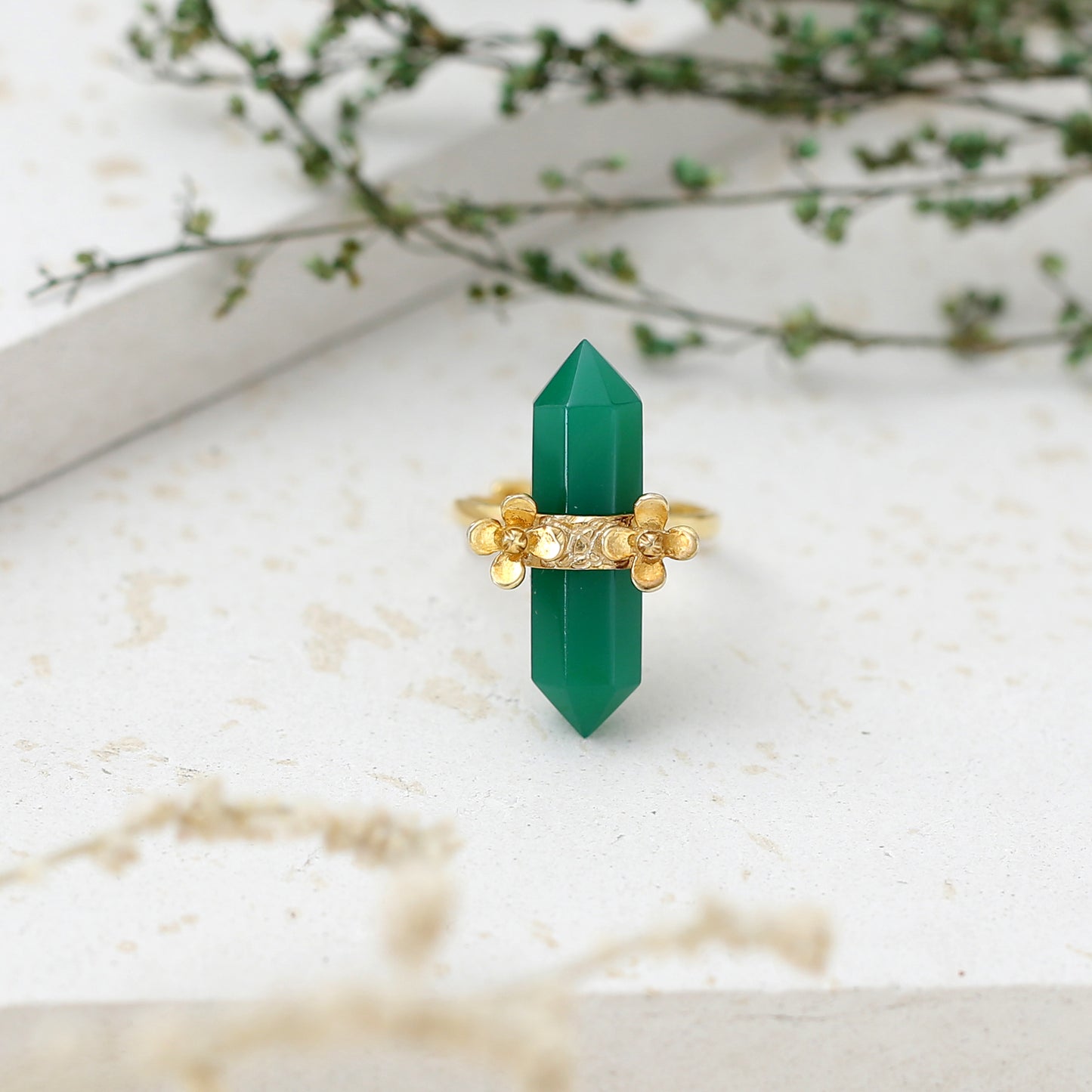 "Verde" Floral Crystal Point Ring with Green Onyx - Gold Plated 925 Silver