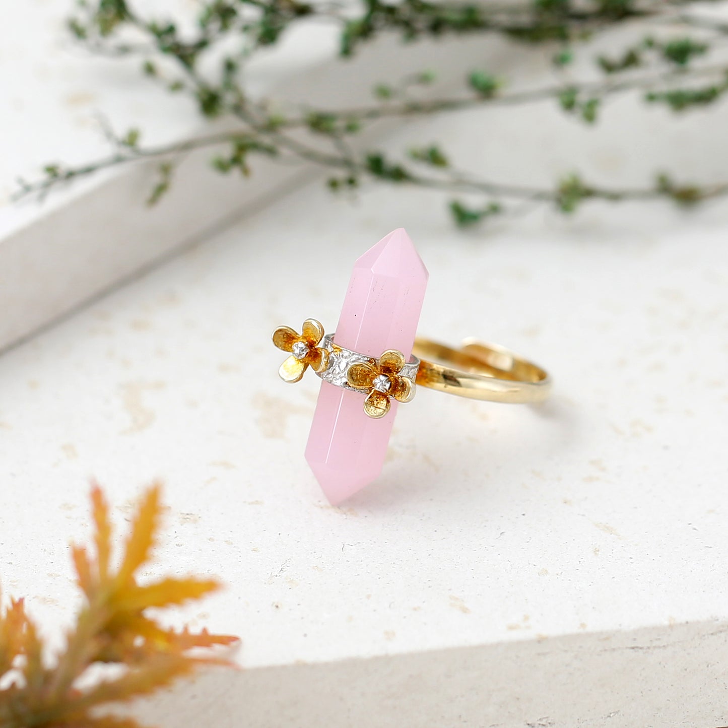 "Sakura" Floral Crystal Point Ring with Pink Rose Quartz - Gold Plated 925 Silver