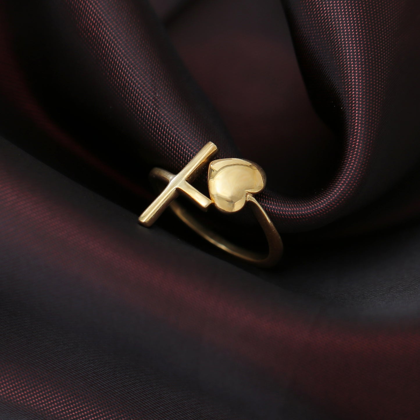 "Faith & Love" Dainty Heart & Cross Adjustable Ring - Gold Plated 925 Silver