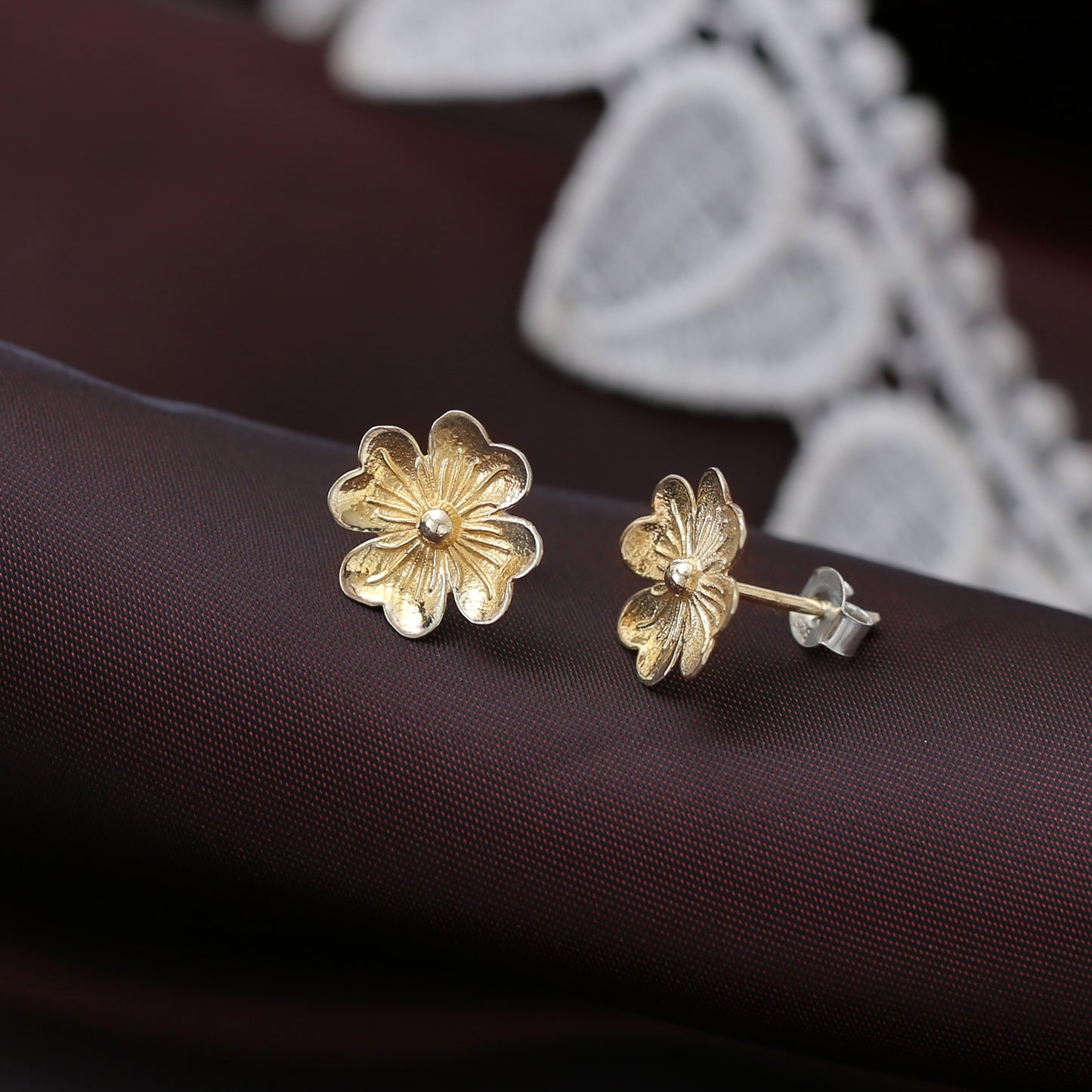 "Clover" Textured Gold-Tone Flower Stud Earrings - 925 Sterling Silver