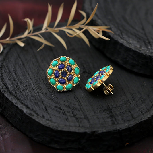 "Jaipur Mandala" Lapis Lazuli & Turquoise Stud Earrings - Gold Plated 925 Silver