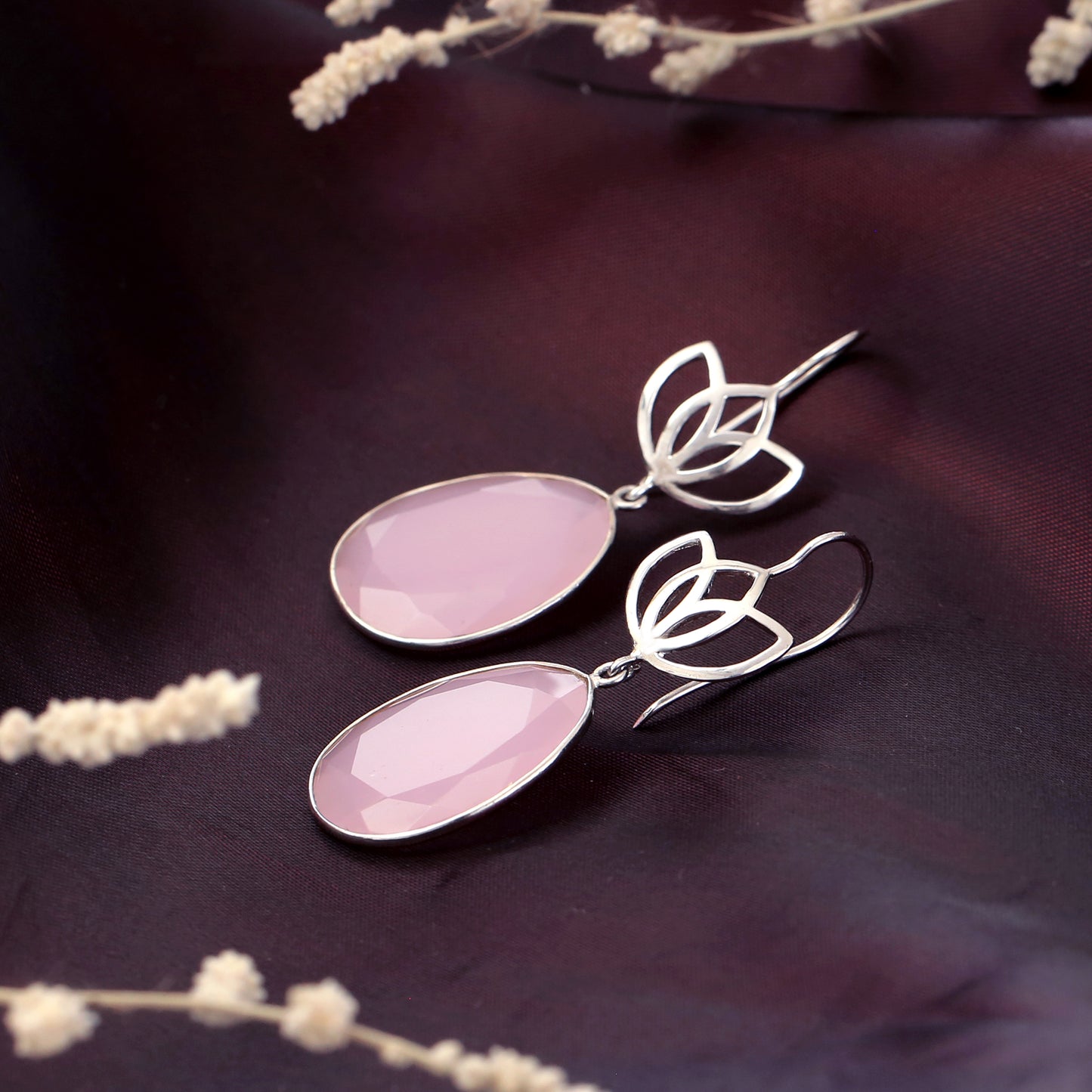 "Lotus Bloom" Pink Rose Quartz Teardrop Earrings in 925 Sterling Silver