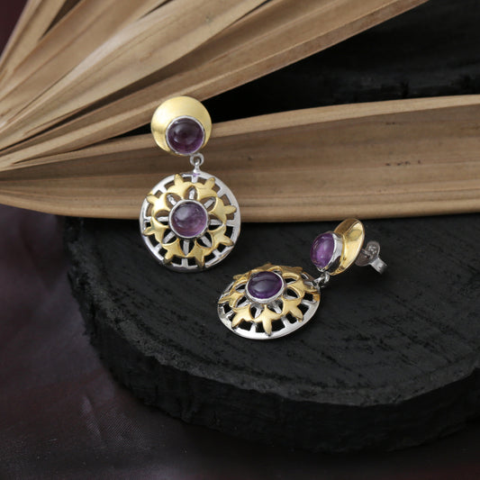 "Surya" Dual-Tone Amethyst Dangle Earrings - Gold & Silver Floral Sunburst