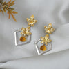 Autumn Leaf" Dual-Tone Citrine Dangle Earrings - Gold & Silver Geometric