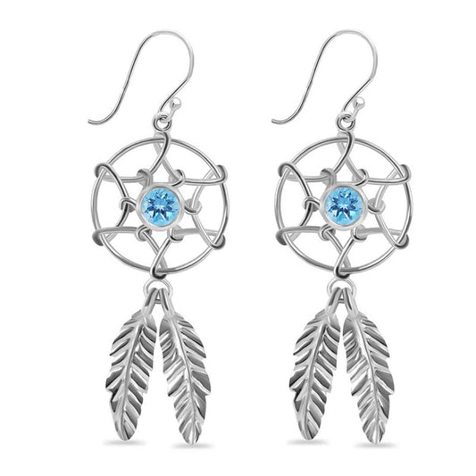 Dream Weaver – Blue Topaz Dreamcatcher Earrings (925 Silver)