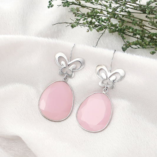 "Aria" Silver Butterfly Dangle Earrings with Pink Rose Quartz - 925 Sterling Silver