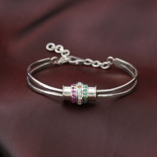 "Royal" Multi-Gemstone Cuff Bracelet with Ruby, Emerald & CZ - 925 Sterling Silver