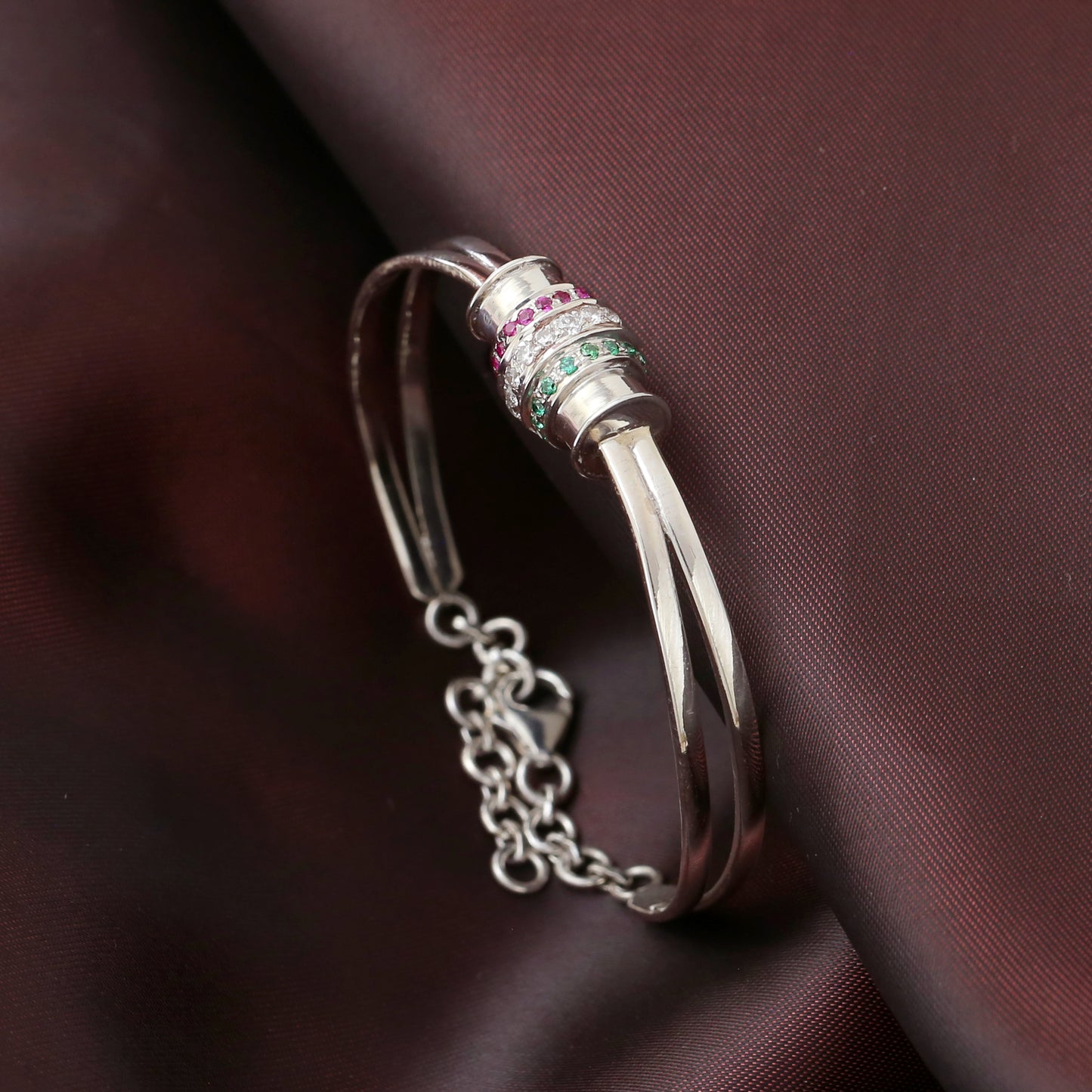"Royal" Multi-Gemstone Cuff Bracelet with Ruby, Emerald & CZ - 925 Sterling Silver