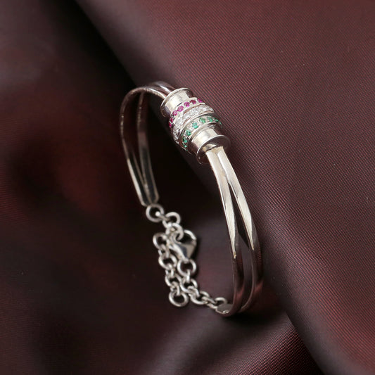 "Royal" Multi-Gemstone Cuff Bracelet with Ruby, Emerald & CZ - 925 Sterling Silver