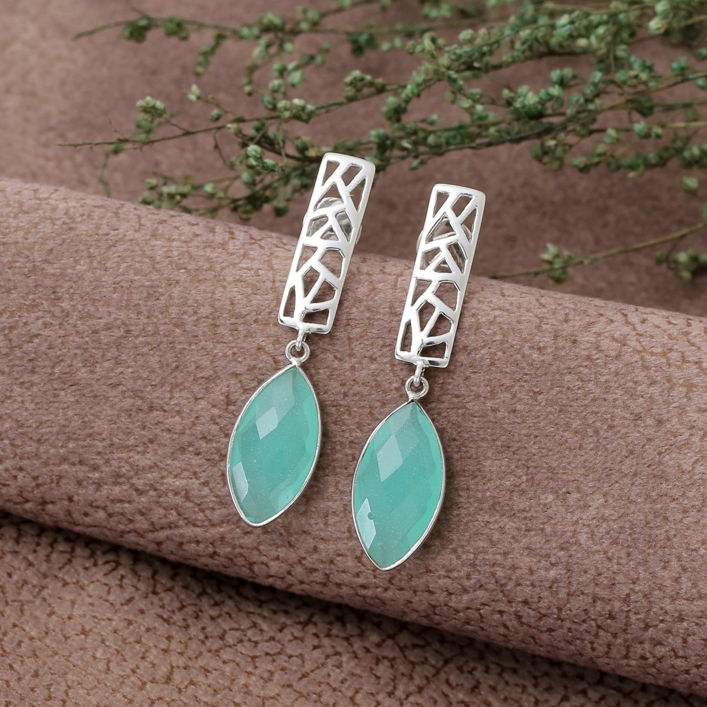 "Geo Mint" Geometric Cutout Dangle Earrings with Aqua Chalcedony - 925 Sterling Silver