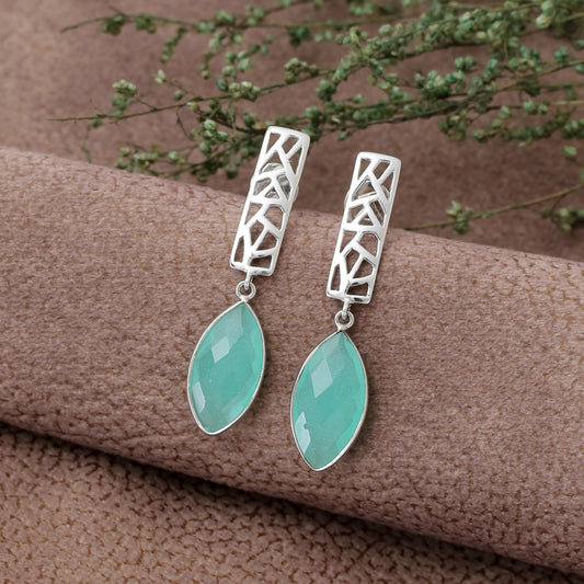 "Geo Mint" Geometric Cutout Dangle Earrings with Aqua Chalcedony - 925 Sterling Silver