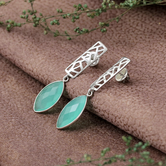 "Geo Mint" Geometric Cutout Dangle Earrings with Aqua Chalcedony - 925 Sterling Silver