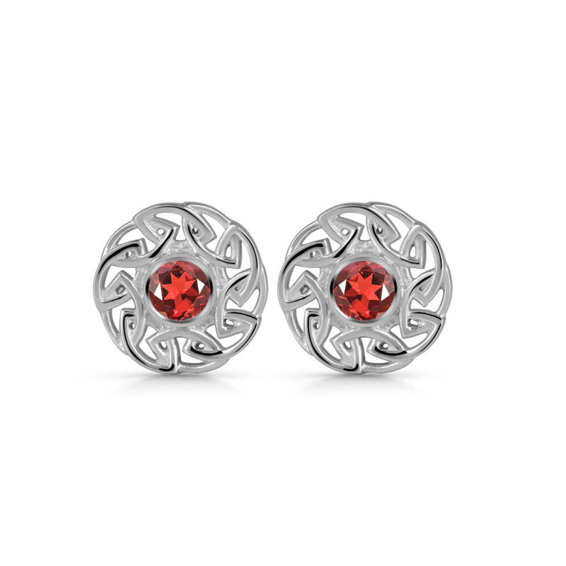 "Ruby Swirl Blossom" Red Garnet Stud Earrings – 925 Sterling Silver Floral Art Design