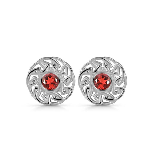 "Ruby Swirl Blossom" Red Garnet Stud Earrings – 925 Sterling Silver Floral Art Design
