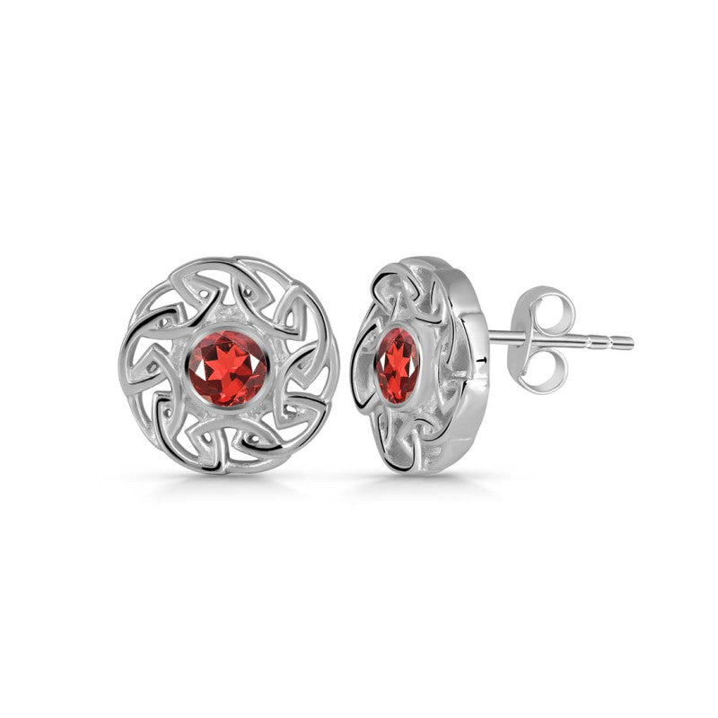 "Ruby Swirl Blossom" Red Garnet Stud Earrings – 925 Sterling Silver Floral Art Design