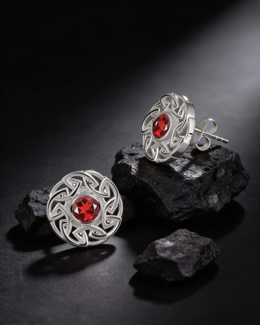"Ruby Swirl Blossom" Red Garnet Stud Earrings – 925 Sterling Silver Floral Art Design