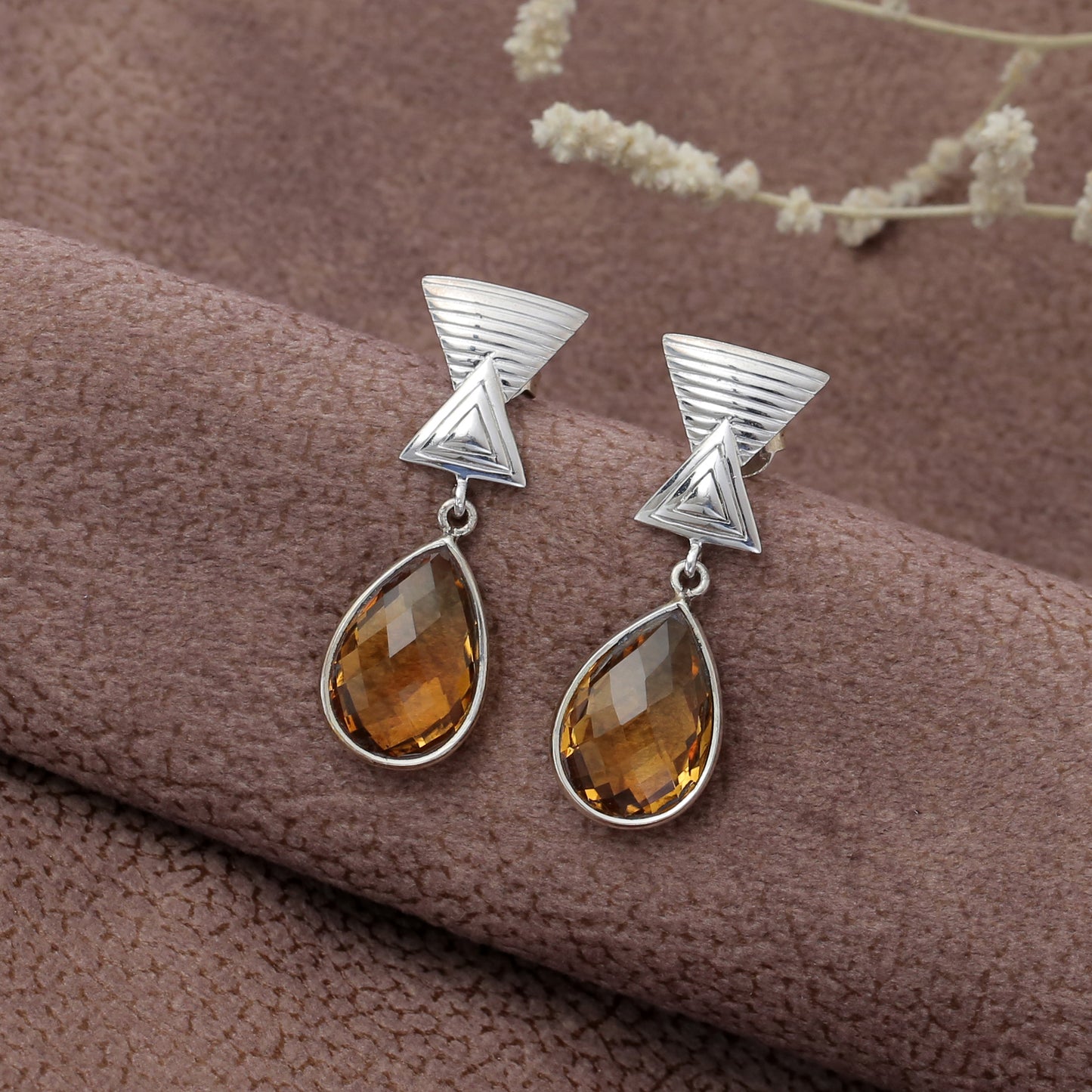 "Athena" Geometric Smoky Quartz Teardrop Earrings in 925 Sterling Silver