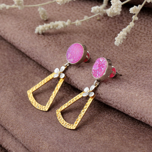 Artisanal Two-Tone Floral Drop Earrings - Pink & Gold Geometric