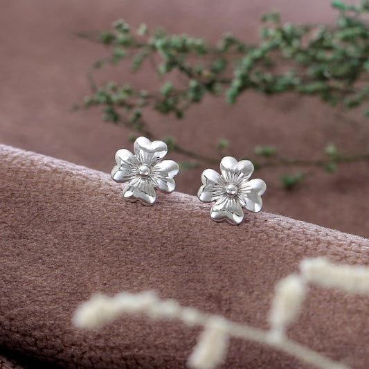 "Plumeria" Textured Silver Flower Stud Earrings - 925 Sterling Silver
