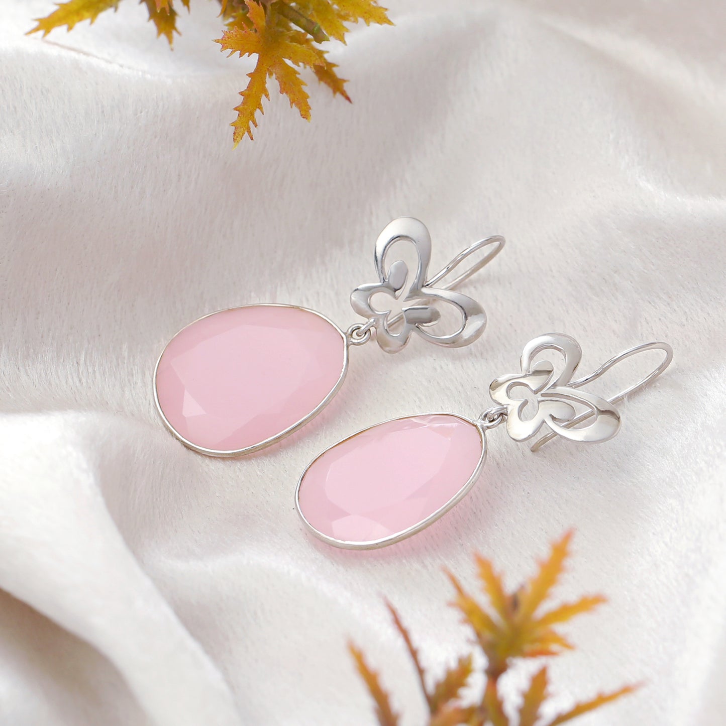 "Aria" Silver Butterfly Dangle Earrings with Pink Rose Quartz - 925 Sterling Silver