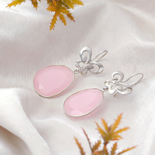 "Aria" Silver Butterfly Dangle Earrings with Pink Rose Quartz - 925 Sterling Silver