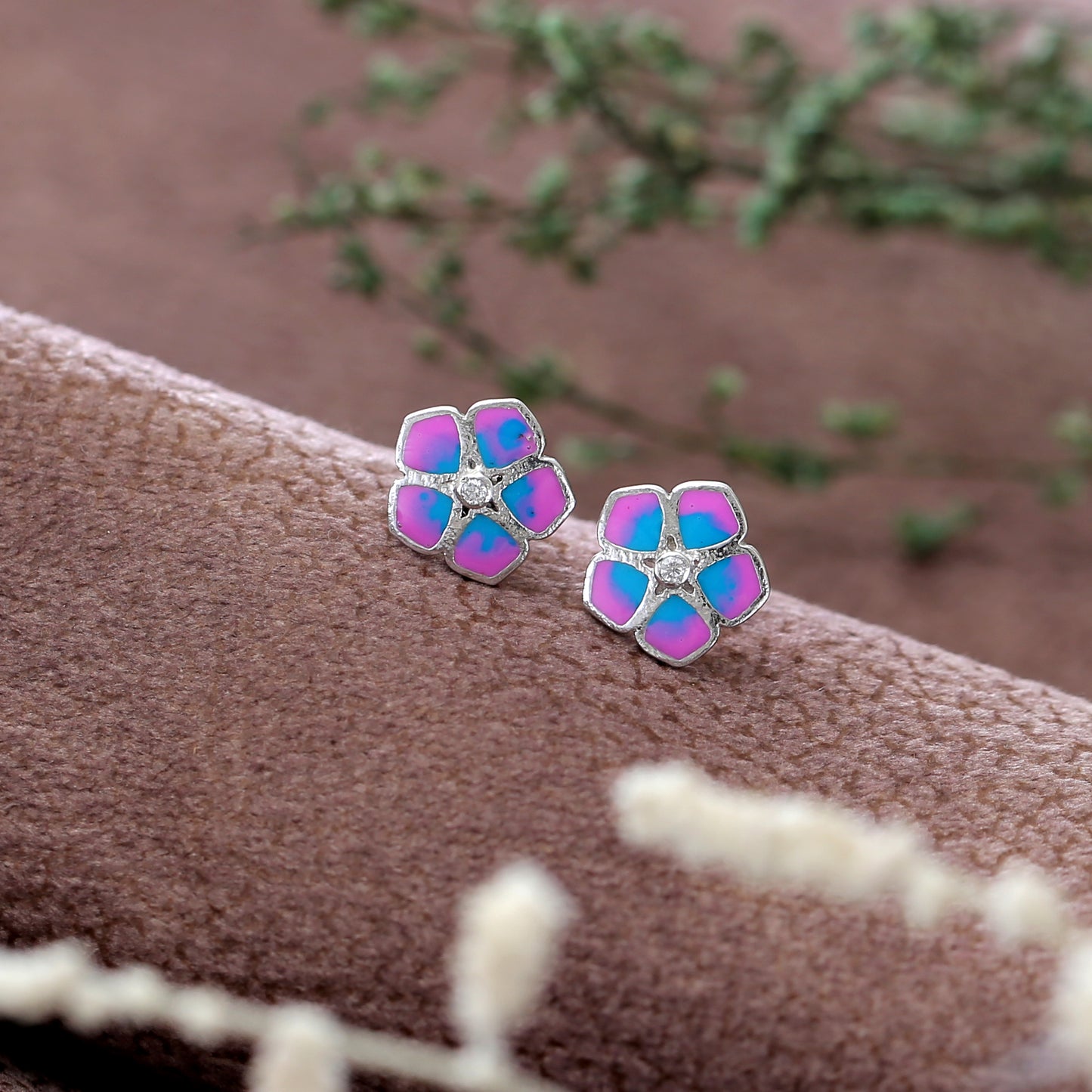 "Flora" Colorful Enamel Flower Stud Earrings with CZ Center - 925 Sterling Silver