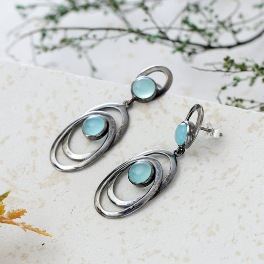 "Orbit" Modern Oxidized Silver Dangle Earrings with Aqua Chalcedony - 925 Sterling Silver