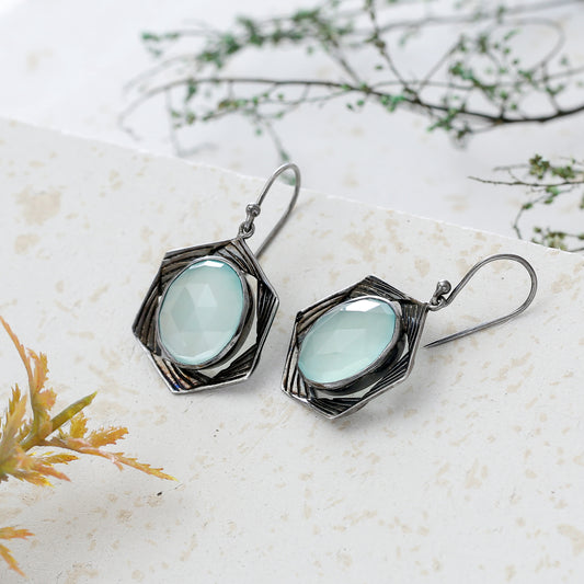 "Arcane" Oxidized Silver Geometric Earrings with Aqua Chalcedony - 925 Sterling Silver