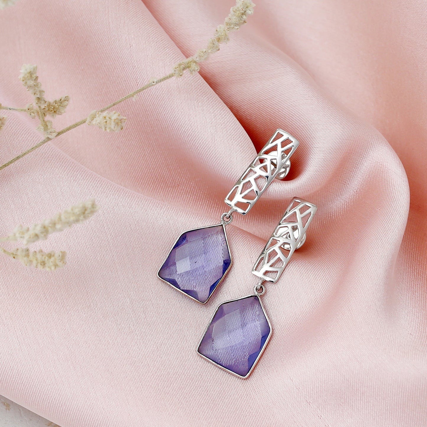 Handmade Purple Amethyst Geometric Drop Earrings with Cutout Silver Stud
