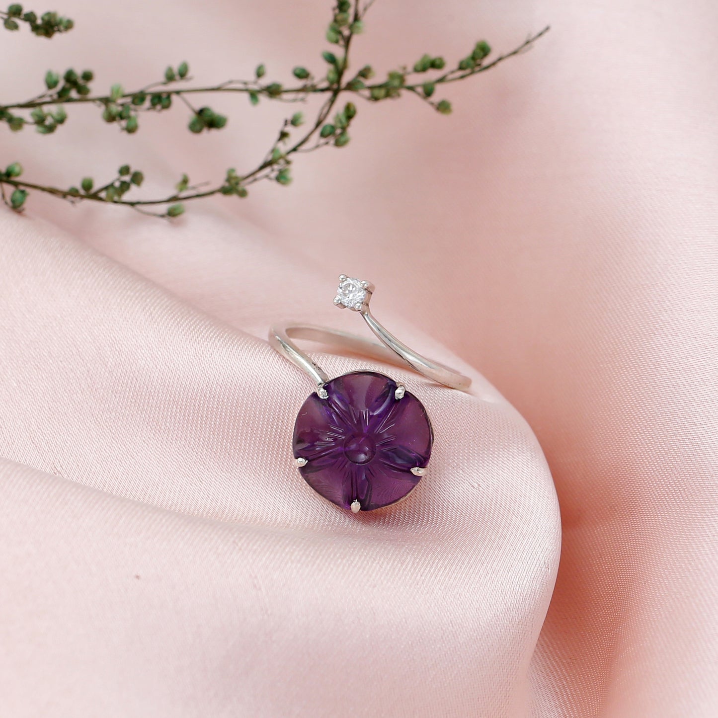 "Flora" Carved Amethyst Flower Adjustable Ring with CZ Accent - 925 Sterling Silver