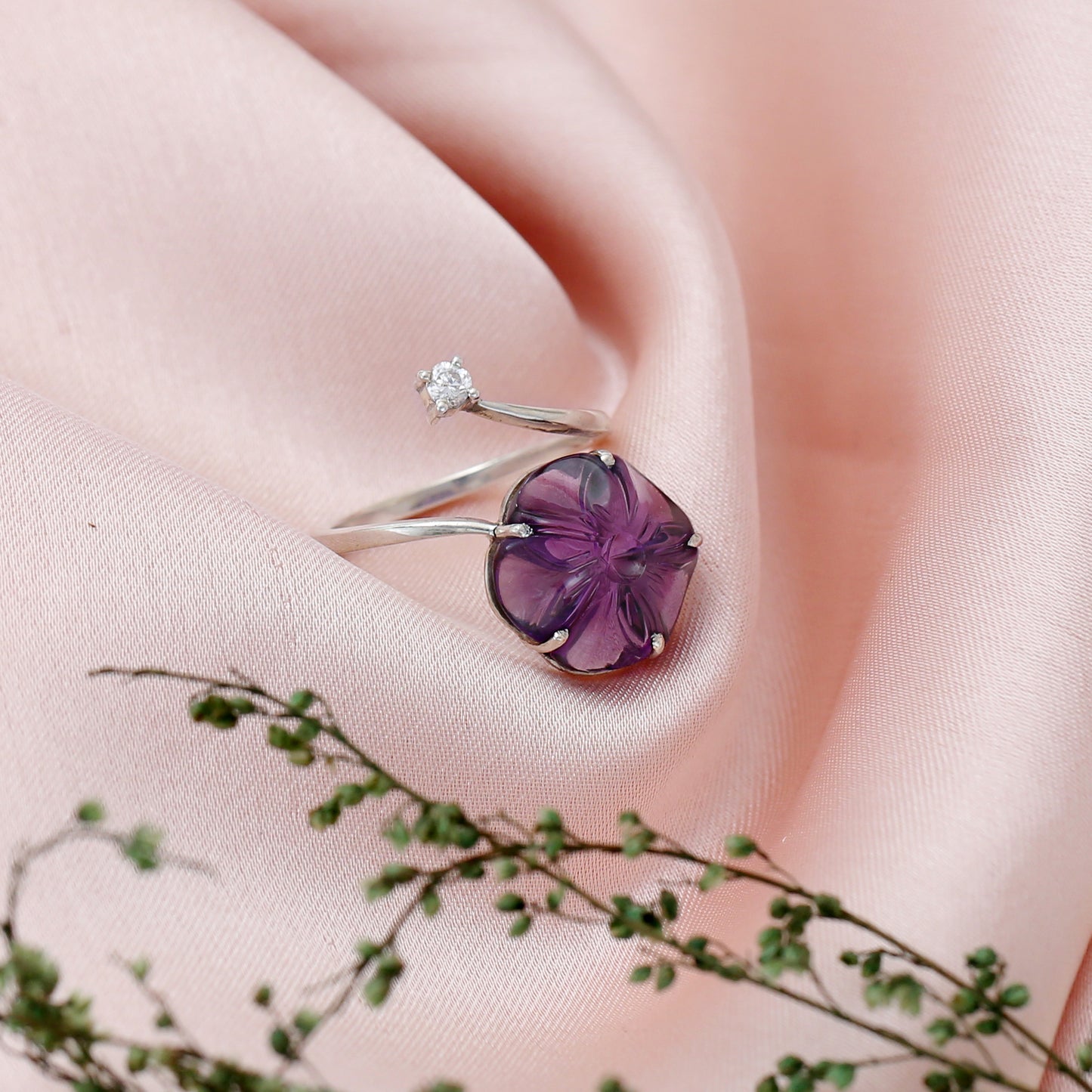"Flora" Carved Amethyst Flower Adjustable Ring with CZ Accent - 925 Sterling Silver