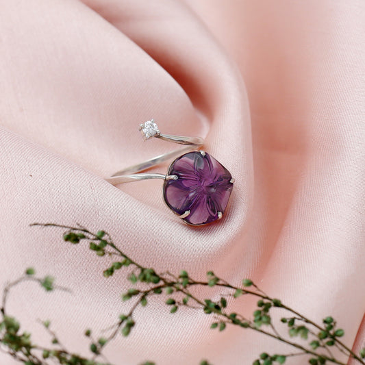 "Flora" Carved Amethyst Flower Adjustable Ring with CZ Accent - 925 Sterling Silver