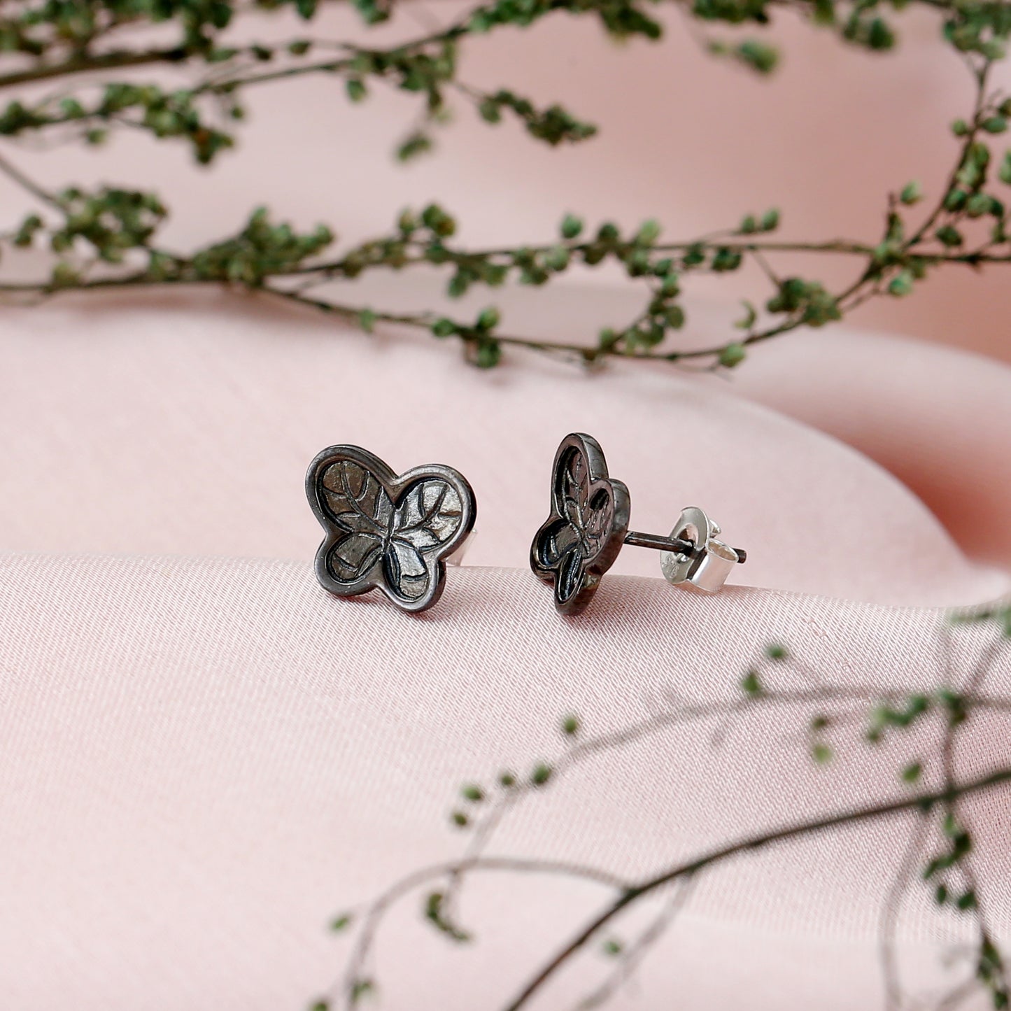 "Midnight Butterfly" Oxidized Silver Stud Earrings - 925 Sterling Silver