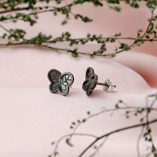 "Midnight Butterfly" Oxidized Silver Stud Earrings - 925 Sterling Silver
