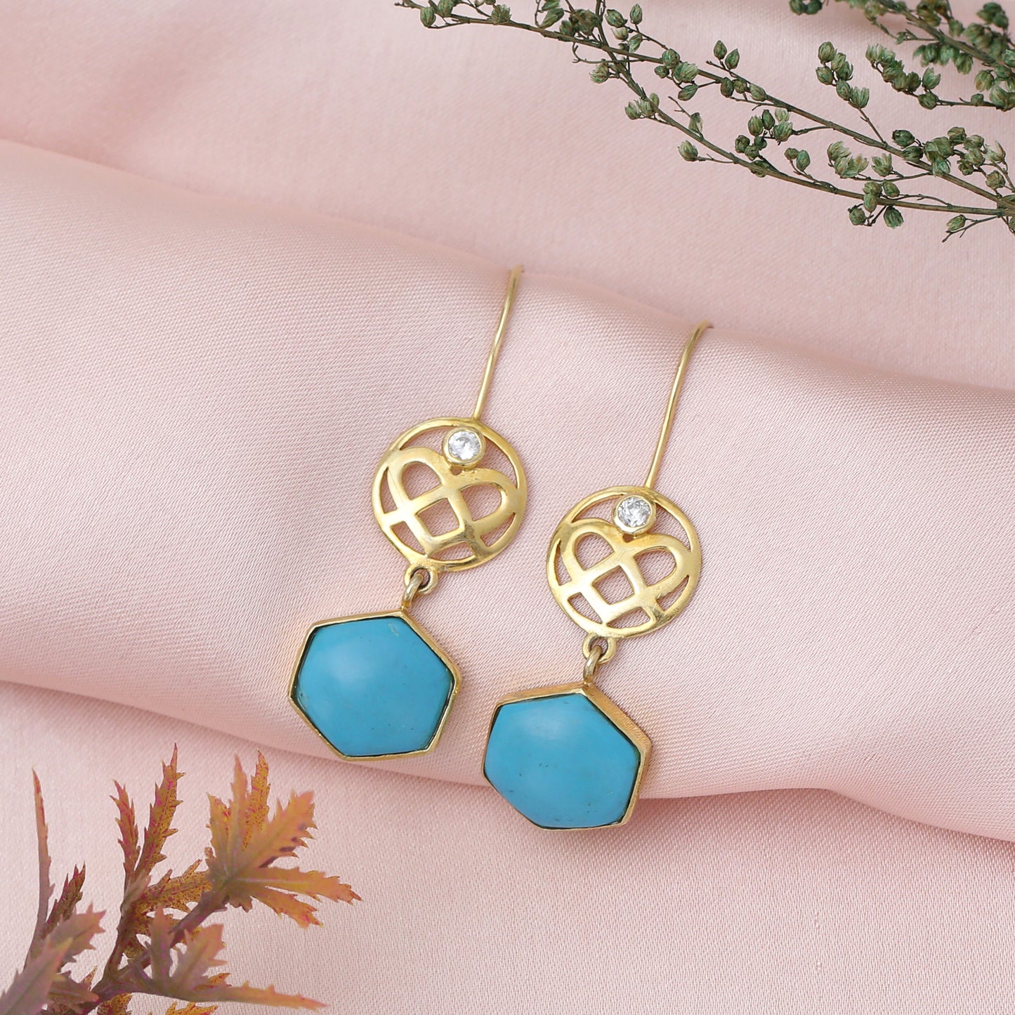 "Jaipur Heart" Turquoise Hexagon Dangle Earrings in Gold Tone