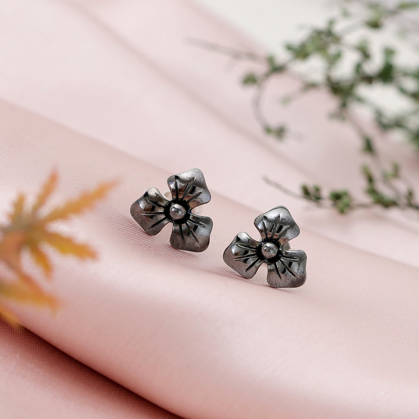"Clover" Dainty Oxidized Silver Flower Stud Earrings - 925 Sterling Silver