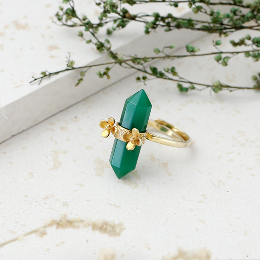 "Verde" Floral Crystal Point Ring with Green Onyx - Gold Plated 925 Silver