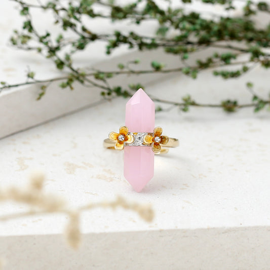 "Sakura" Floral Crystal Point Ring with Pink Rose Quartz - Gold Plated 925 Silver