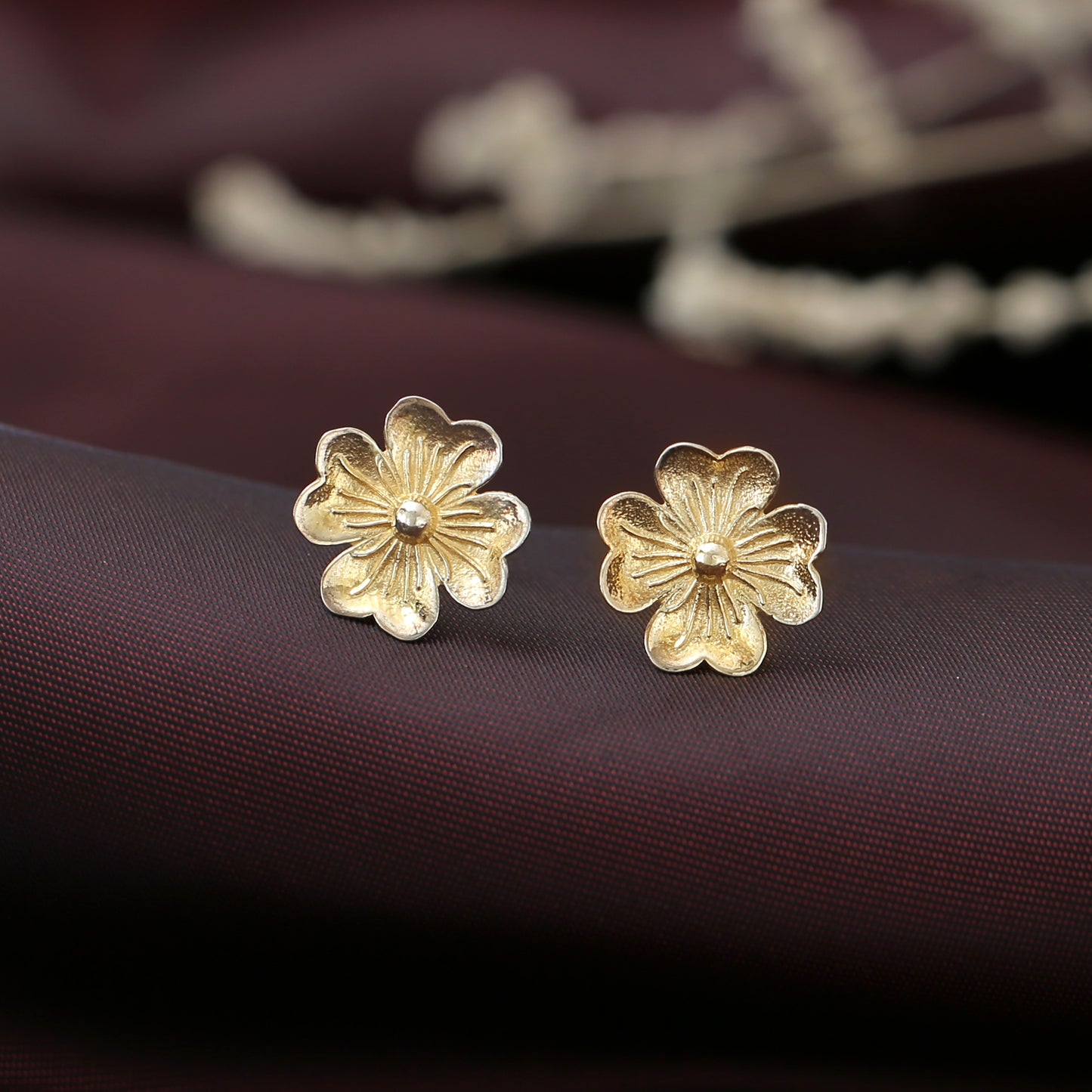 "Clover" Textured Gold-Tone Flower Stud Earrings - 925 Sterling Silver