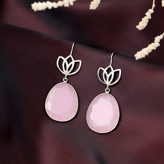 "Lotus Bloom" Pink Rose Quartz Teardrop Earrings in 925 Sterling Silver