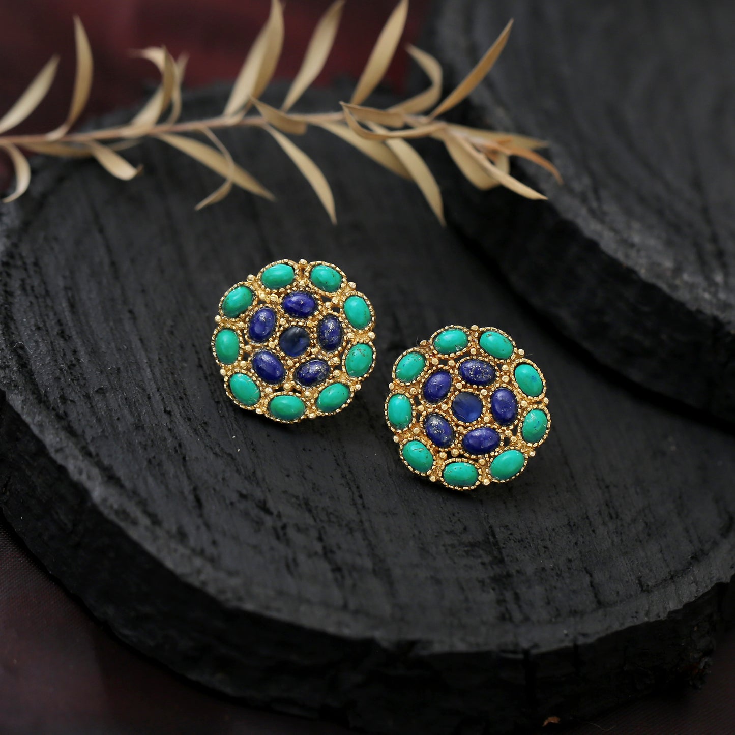 "Jaipur Mandala" Lapis Lazuli & Turquoise Stud Earrings - Gold Plated 925 Silver